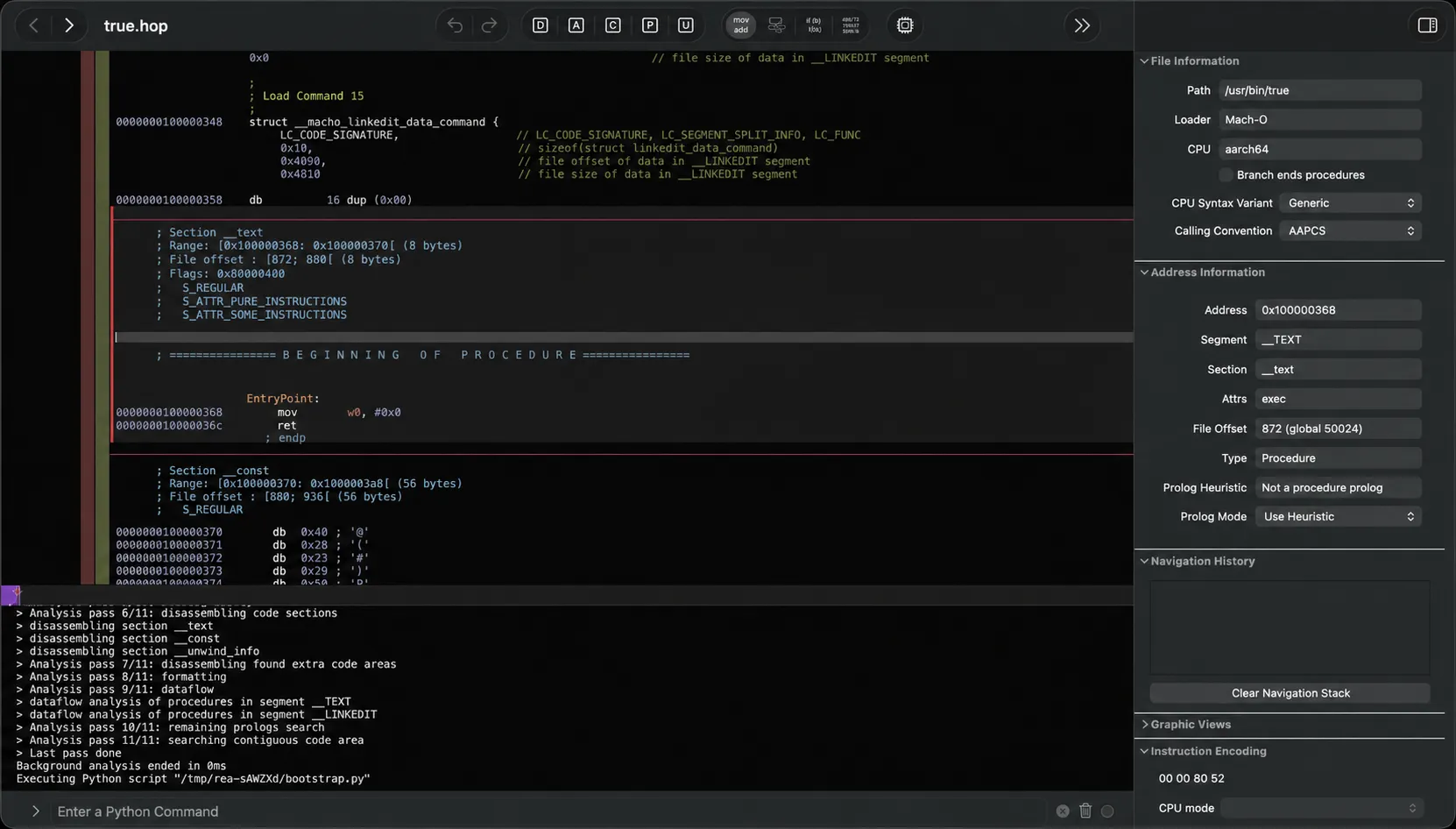 Hopper'da açılmış bir macOS programı: solda assembly kodu ve bölüm bilgileri, sağda dosya ve adres bilgileri, altta REA'nın başlattığı analiz adımlarının çıktısı